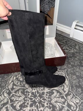 Bandolino Black Over-the-Knee Suede Boots with Buckle Strap